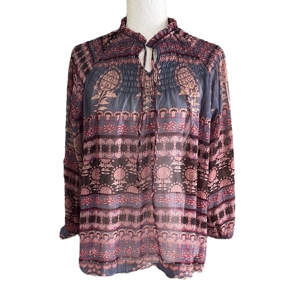 RD & Koko Anthropologie Smocked Metallic Tie Ruffle Neck Blouse - S - Picture 1 of 11